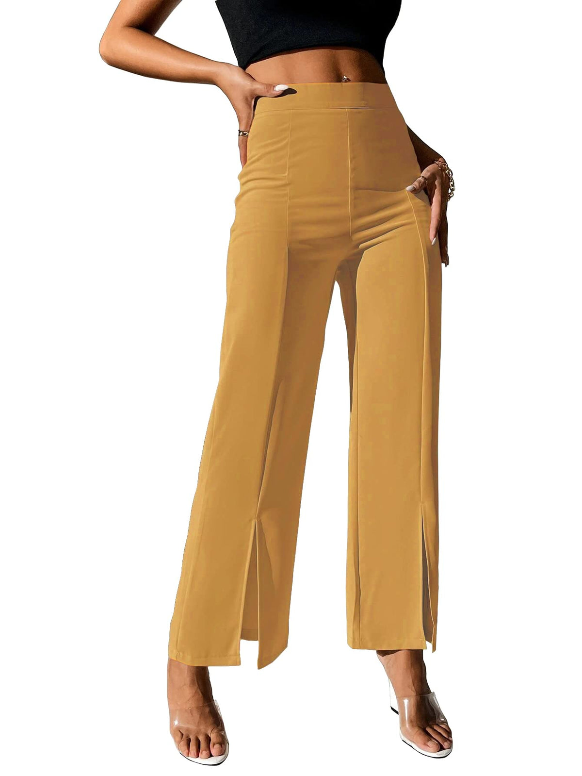 Shasmi Mustard Womens Dress Pants Stretchy Work Slacks Business Casual Office Bootcut Leg Elastic Waist Regular Fit Plazzo Trou