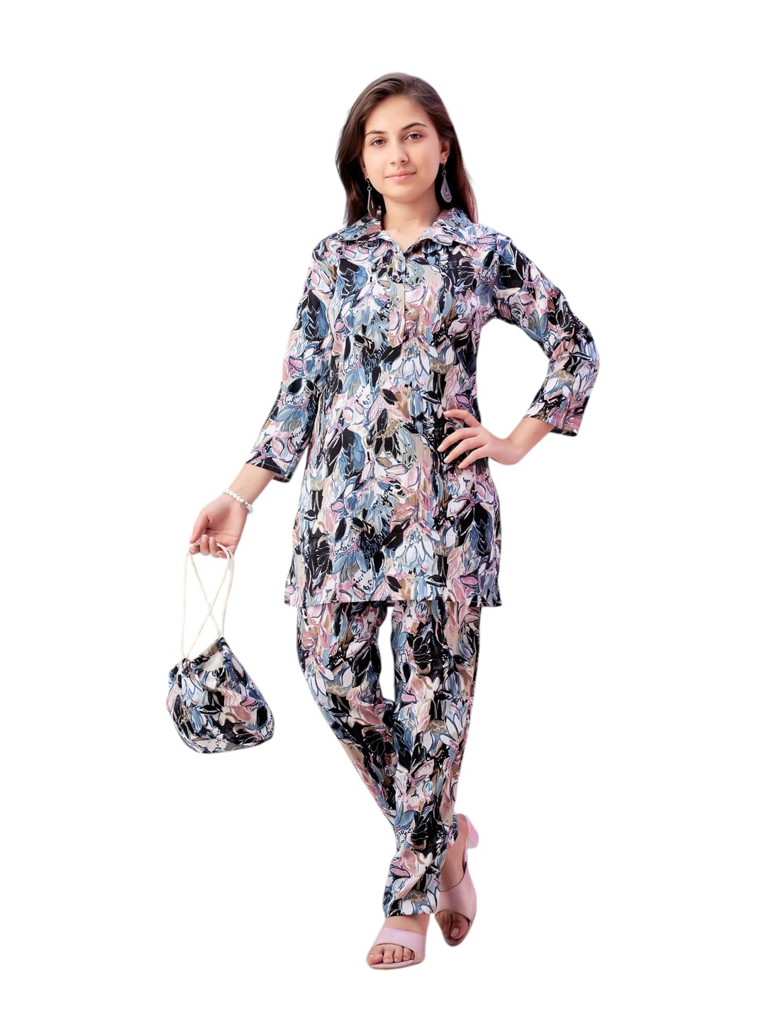 Aarika Girls Casual Wear Blue Colour Floral Print Polyester Co-ord Set-8-15 Years (KP-TR-K-971)