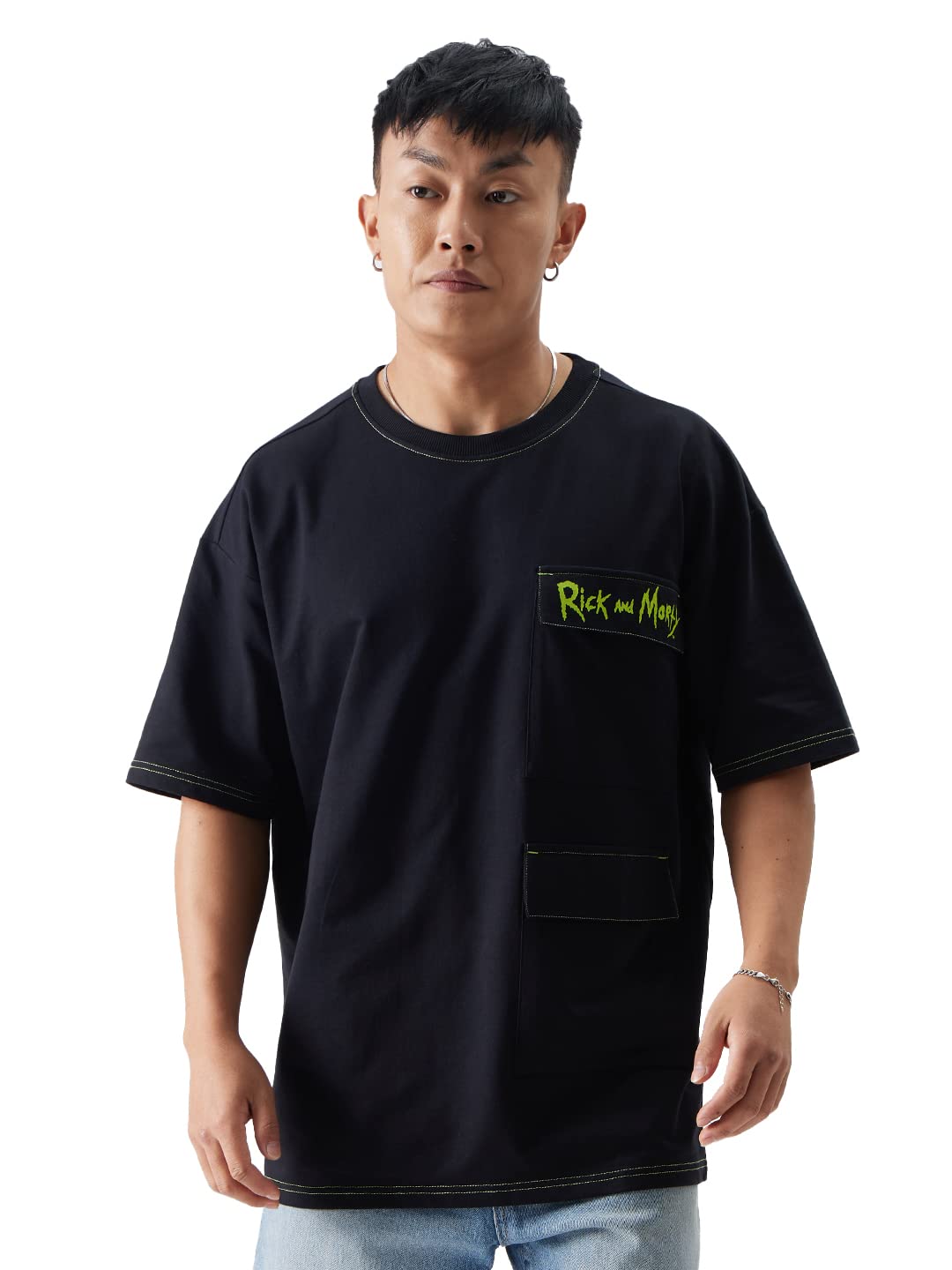 The Souled Store Official Rick & Morty: Escape from Reality Men and Boys Oversized fit Graphic Printed Half Sleeve Cotton Black