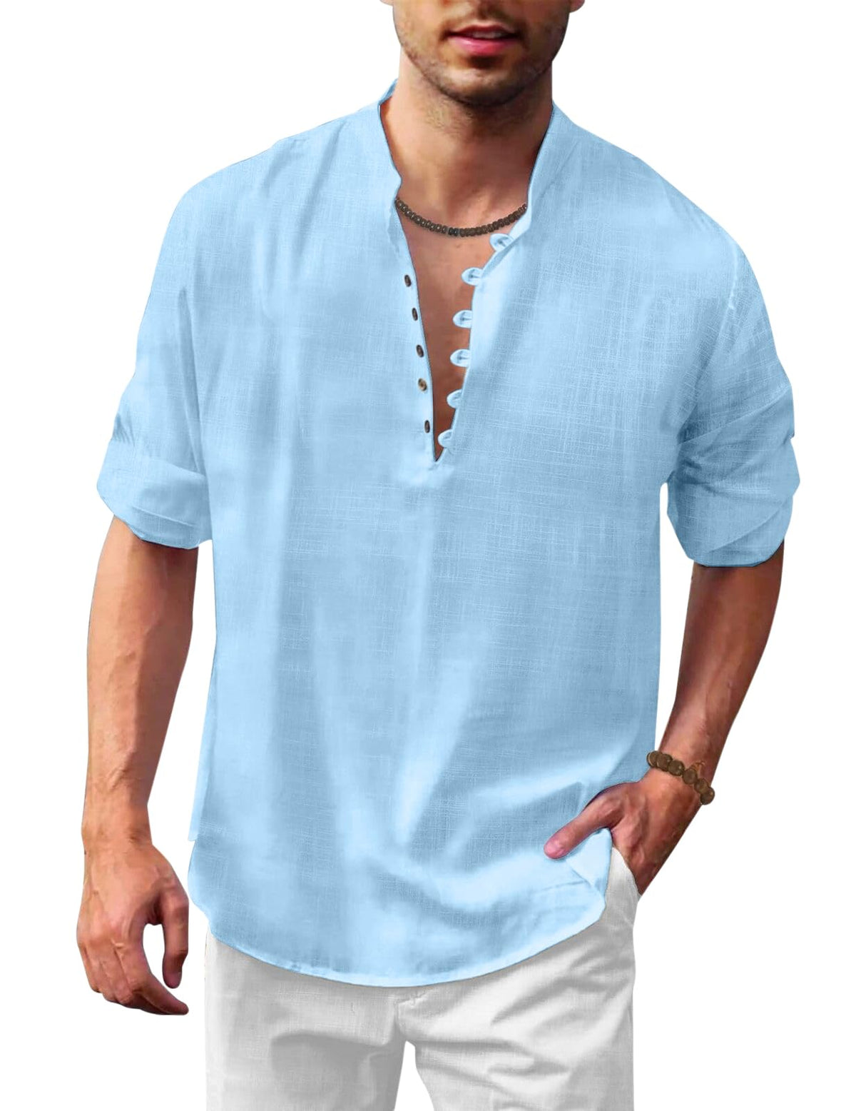 Royalscout MenS Solid Cotton Blend Straight Kurta Shirt | Regular Fit Full Sleeve Short Kurta Sky