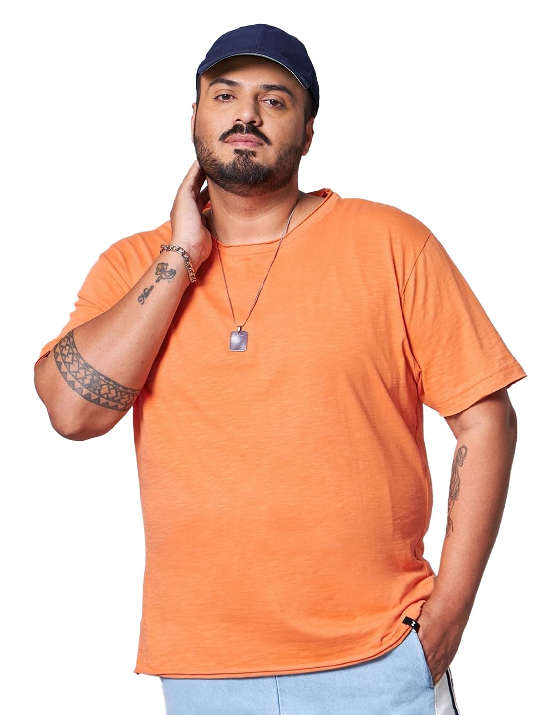 Bewakoof Air 1.0 Mens Solid Regular Fit Half Sleeve Round Neck Cotton Plus Size T-Shirt_620670_Orange_5XL