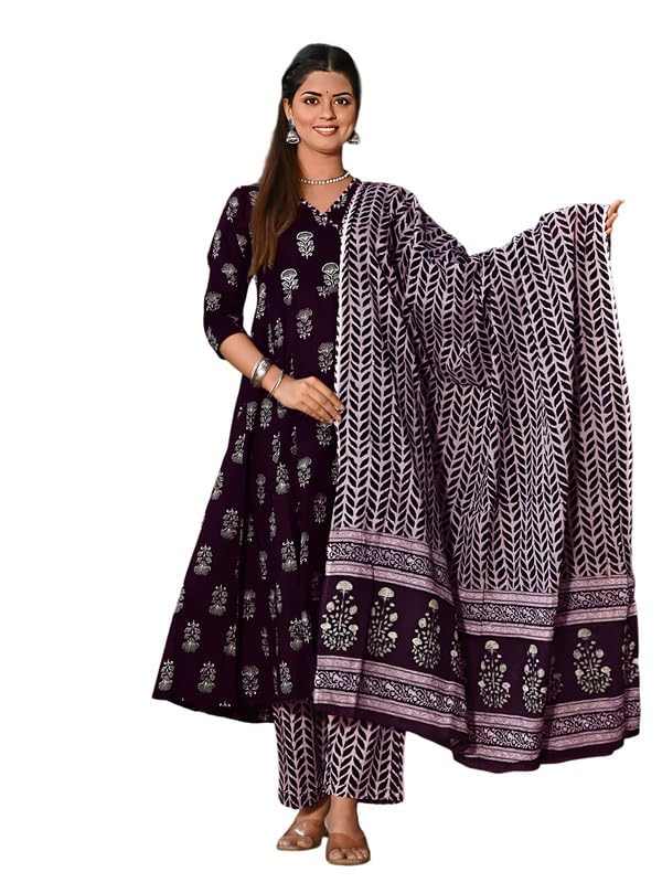 Pinkmint WomenS Cotton Blend Indigo Printed Printed Kurta With Pant & Dupatta