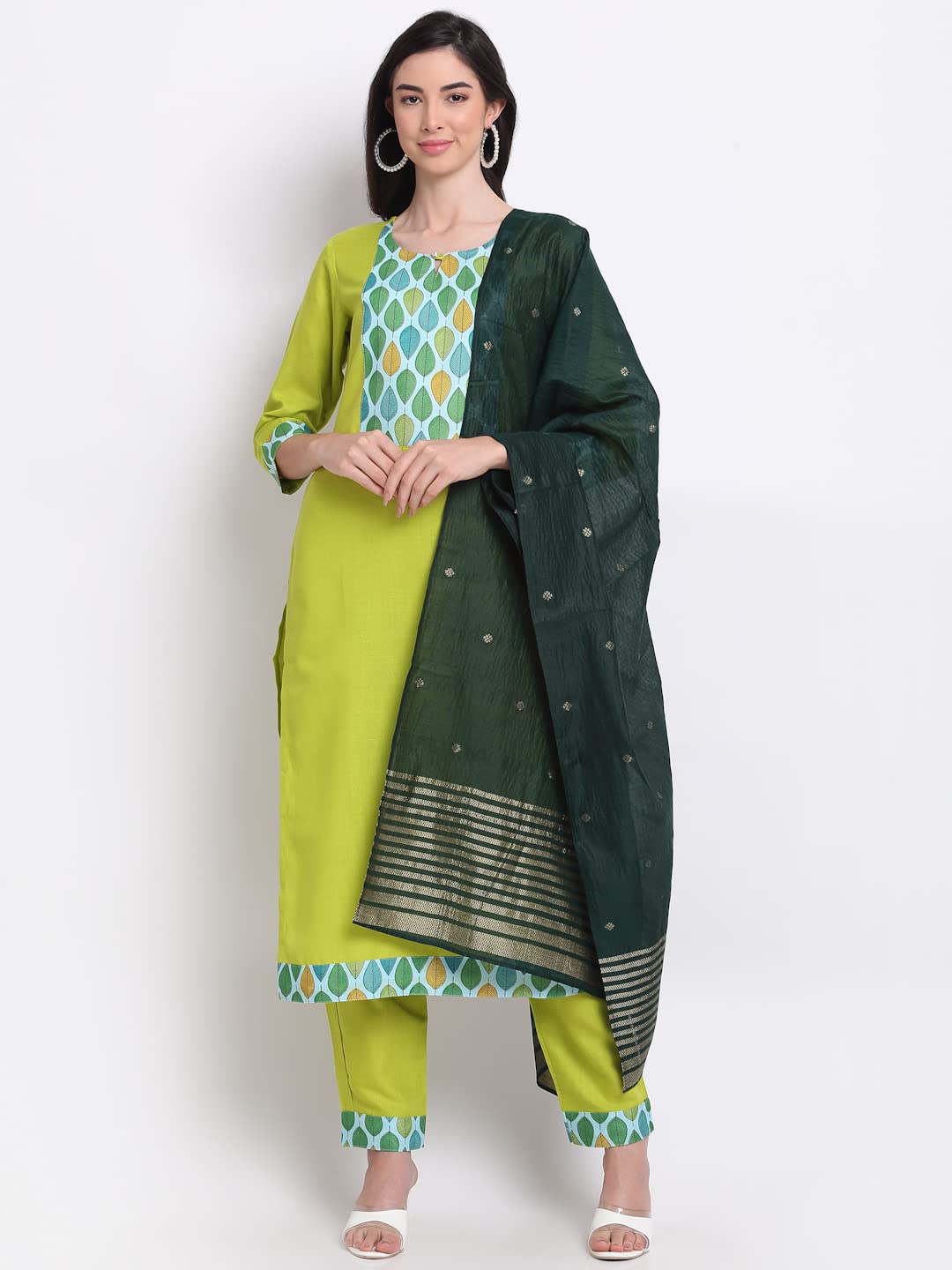 ANNI DESIGNER Women's Cotton Straight Kurta with Pant & Dupatta (MOHAK Green)