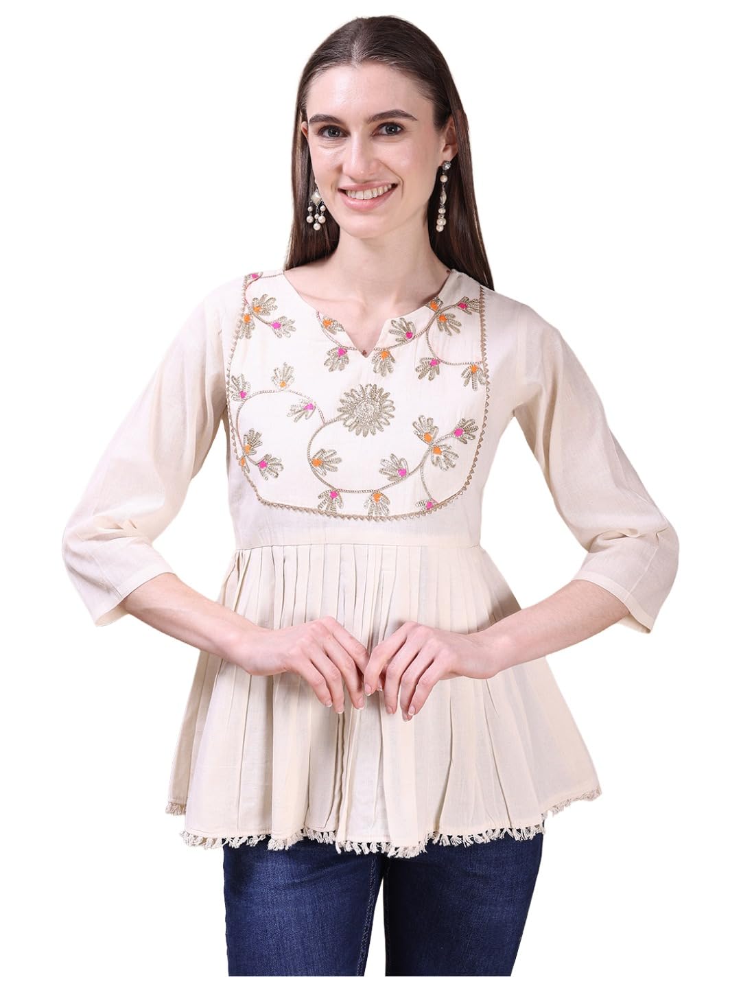 Anni Designer WomenS Tops Rayon Viscose Floral Embroidery Top For Women (Akul Cream-Vks01_2Xl_Cream_Xx-Large)
