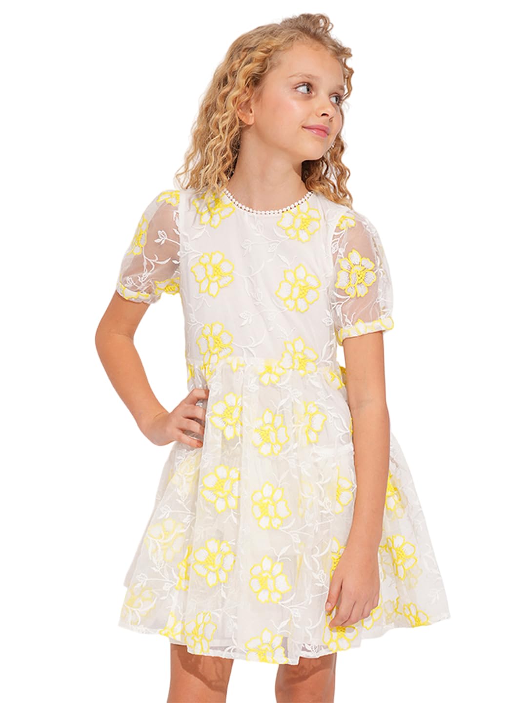 Vero Moda Girls White Organza Embroidered Dress