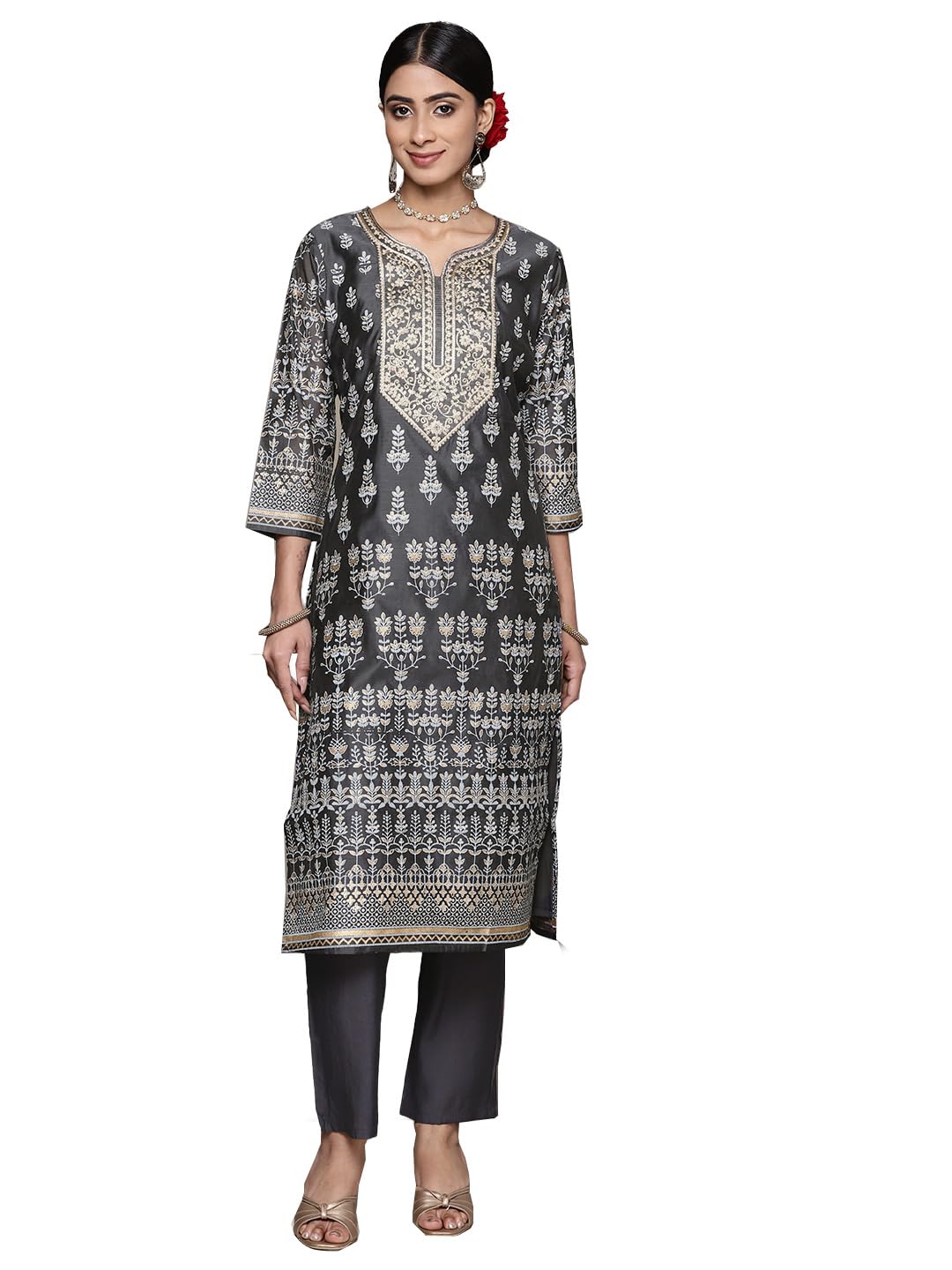 ishin Womens Silk Blend Printed Off White Straight Kurta Suit Set with Pants