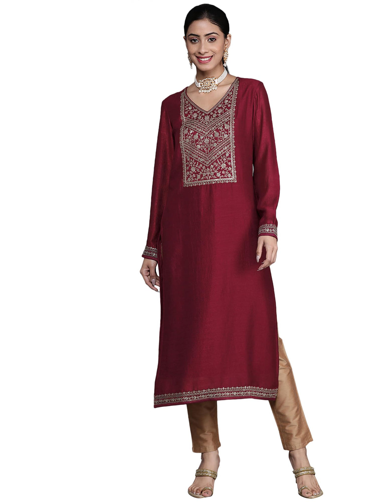 Libas WomenS Silk Yoke Design Straight Kurta (23485O_Pink