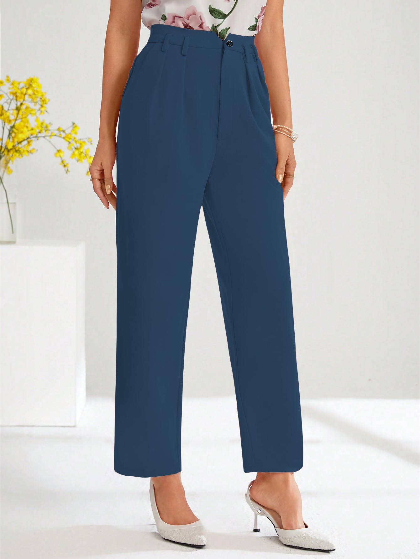 Shasmi Womens Morpeach High Waist Pleated Straight Leg Trousers Elegant Solid Color Work Pants with Pockets, Casual Office Wear