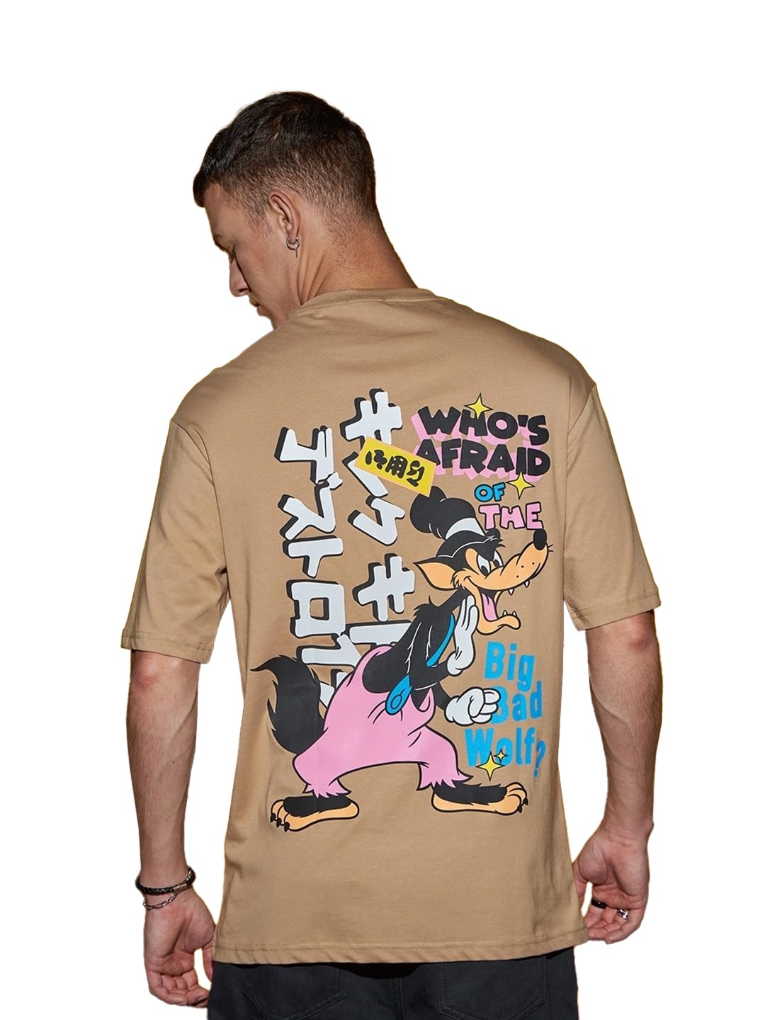 Bewakoof Official Disney Merchandise Mens Graphic Printed Oversized Half Sleeve Round Neck Cotton Jersey T-Shirt_624575_Brown_M