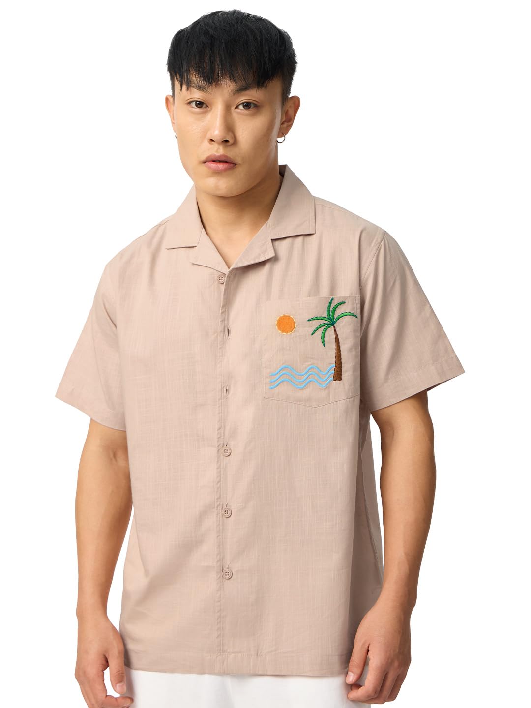 The Souled Store Aurora Men and Boys Short Sleeves Collared Neck Button Front Beige Embroidered Cotton Holiday Shirts