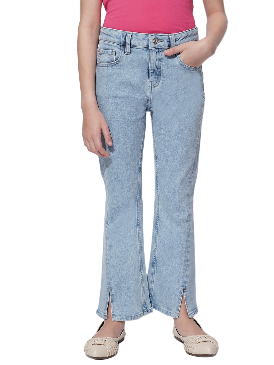 Vero Moda Girl Denim Cotton Blend Bootcut High Rise Light Blue Slit Jeans