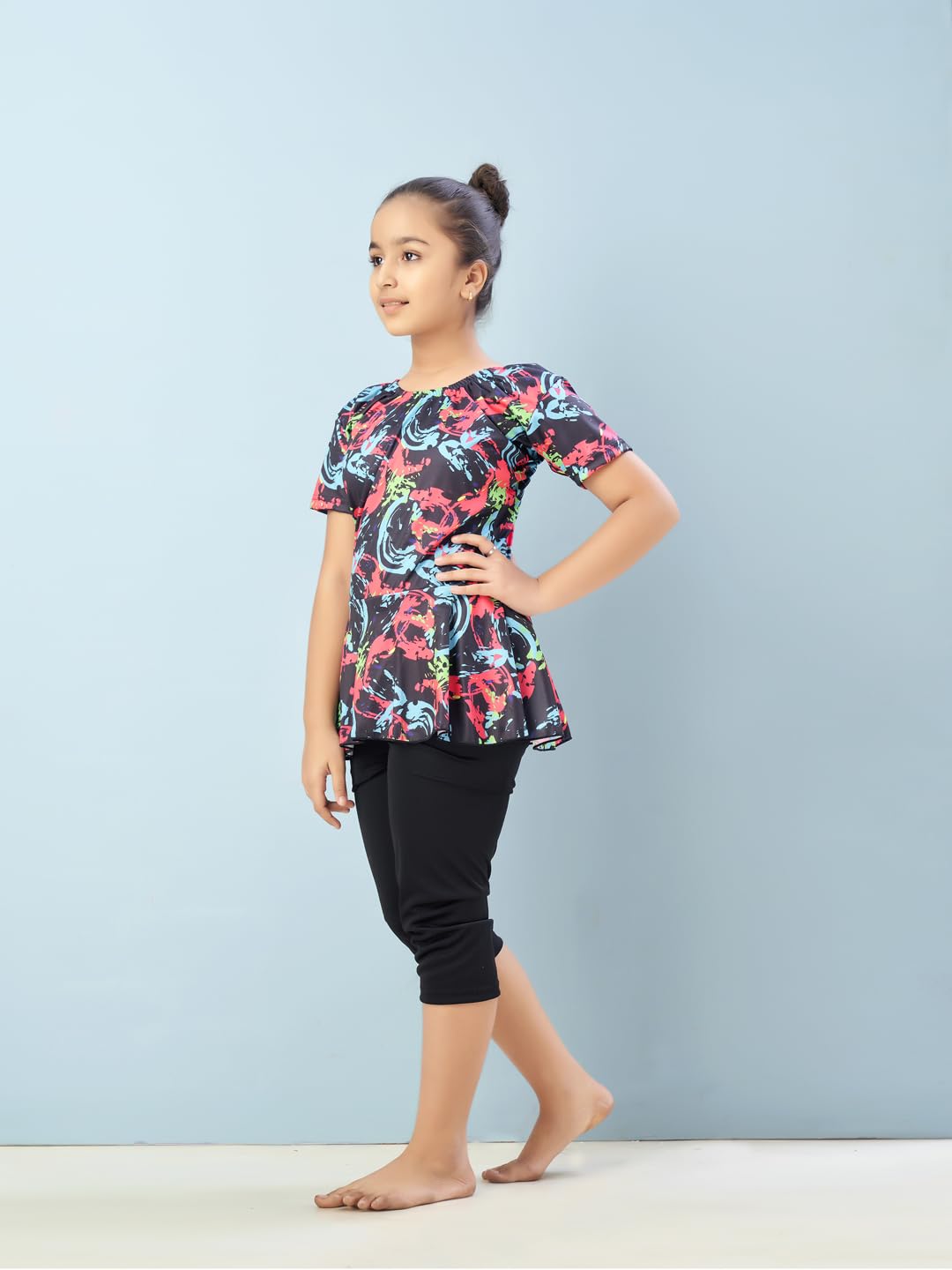 Aarika Girls Sports Wear Black-Rani Colour Abstract Print Nylon Swim Suit (5-15 Years)-(SW-SHM-C-1119)