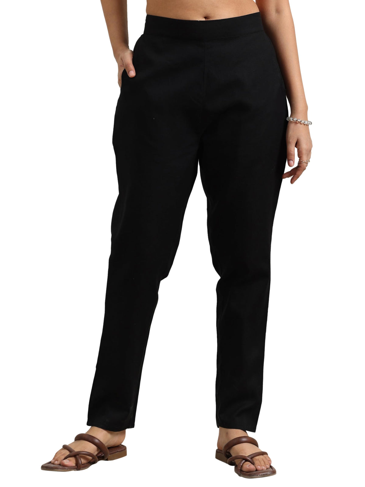 Libas Womens Solid Cotton Trousers For Women Black