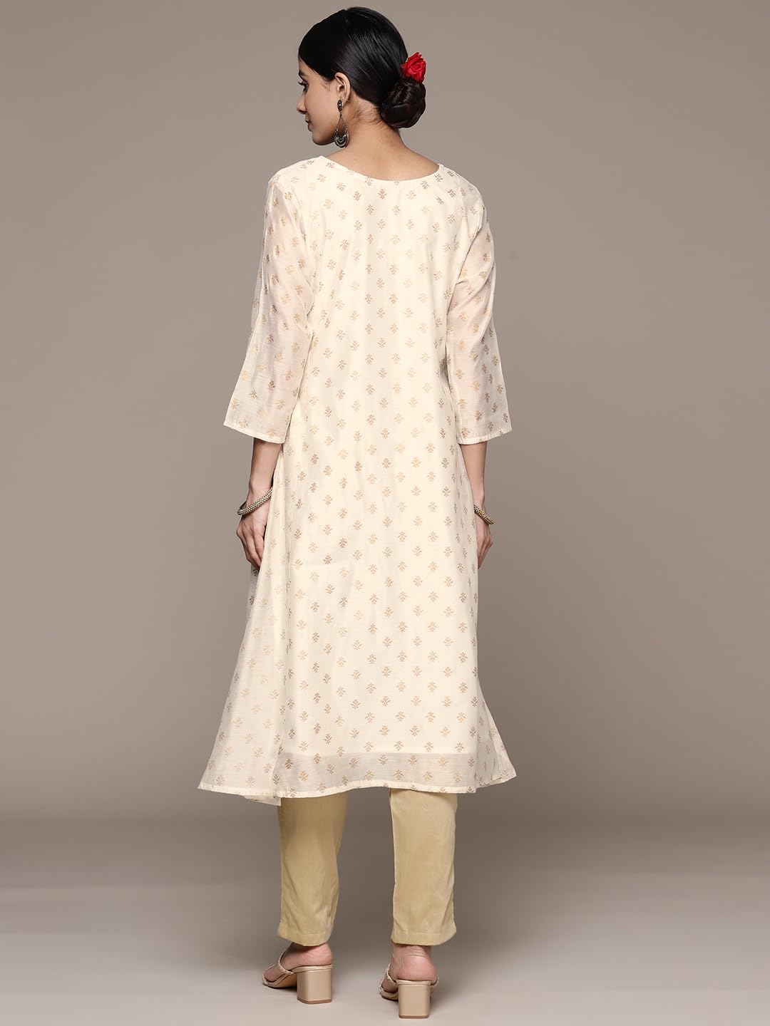 ishin Women's Silk Embellished Off White A-Line Kurta