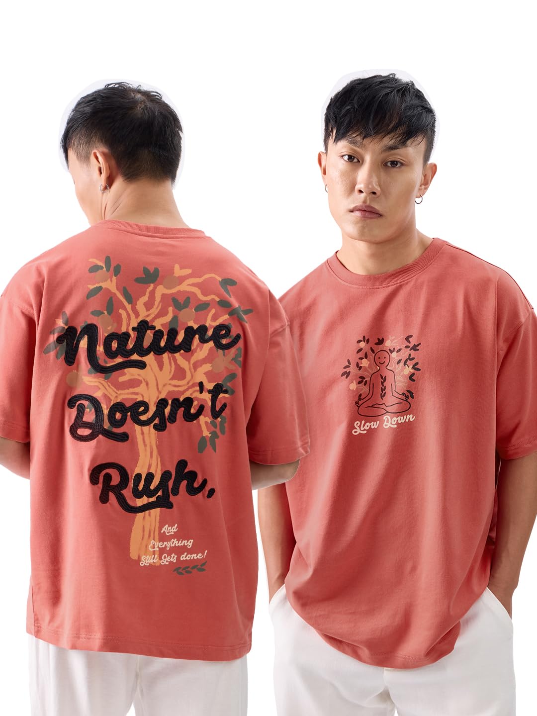 The Souled Store Slow Down Men and Boys Short Sleeves Round Neck Pink Embroidered Cotton Oversized T-Shirts