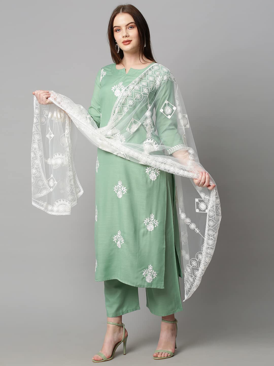 GoSriKi Women's Cotton Blend Kurta with Palazzo & Dupatta (Coin-GO_Pista_XX-Large)