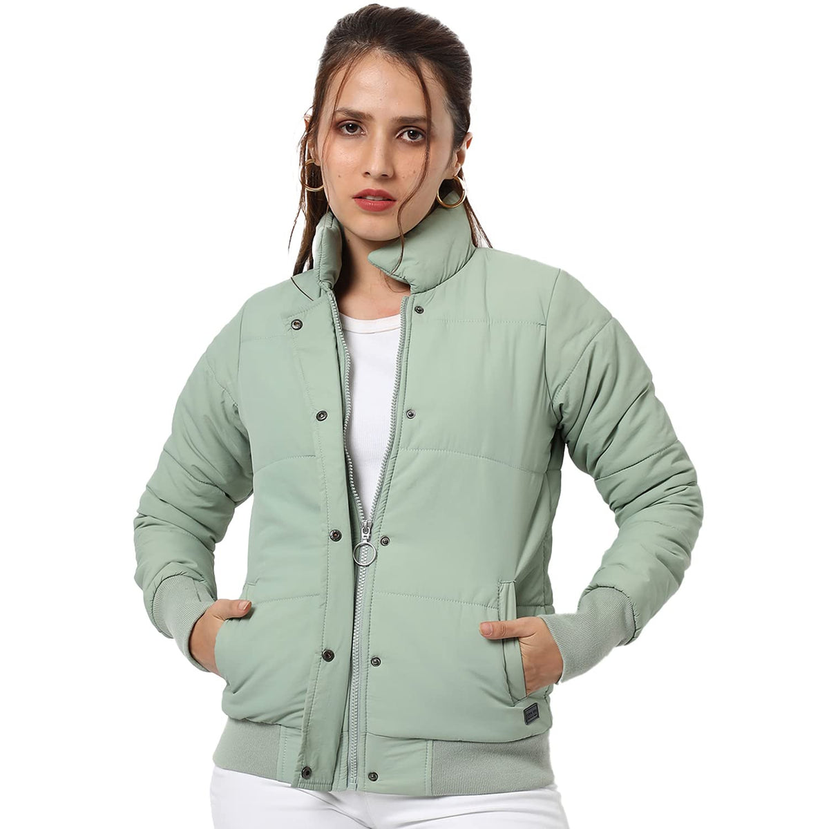 Campus Sutra Women Light Green Puffer Regular Fit Bomber Jacket For Winter Wear | Standing Collar | Full Sleeve | Buttoned | Cas