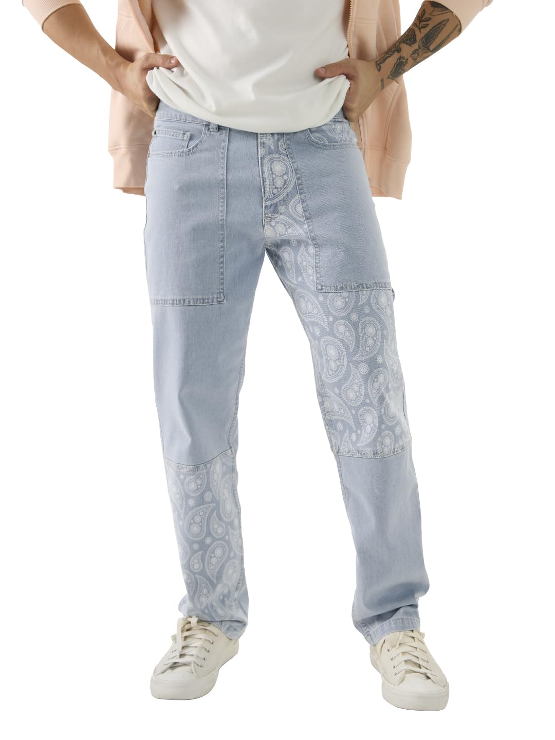 The Souled Store Denim: Air Blue Men and Boys Buttoned Paisley Printed Straight Fit Jeans