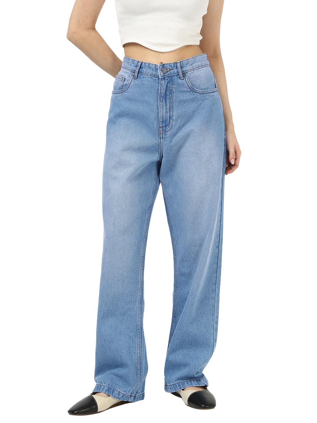Bewakoof Womens Washed Straight Fit Pure Cotton Baggy Jeans_662201_Blue_28