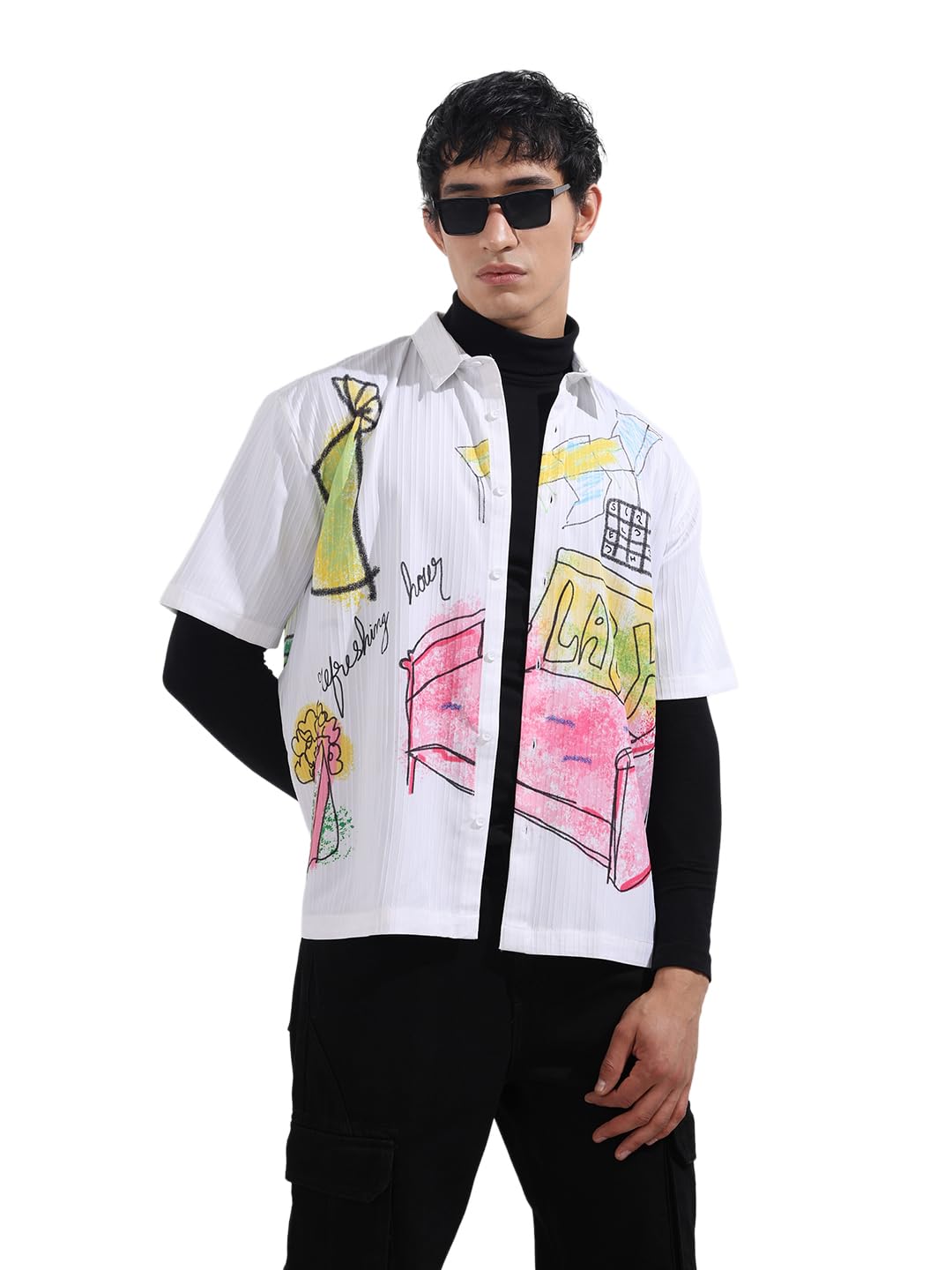 The Indian Garage Co Mens Boxy Kidult Graphic Printed Cutaway Collar Half Sleeves Street Shirt