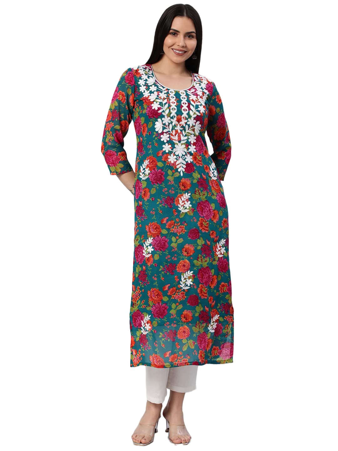 GoSriKi Womens Printed Georgette Straight Chikankari Embroidered Kurta