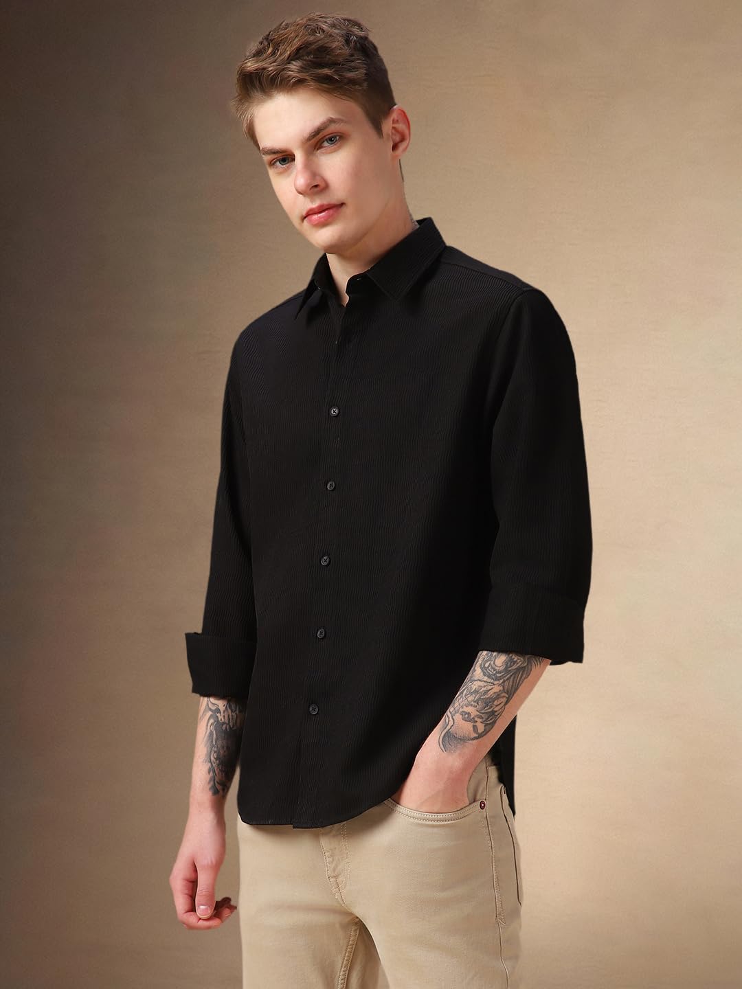 Dennis Lingo Men Black Solid Polyester Regular Fit Full Sleeve Shirts