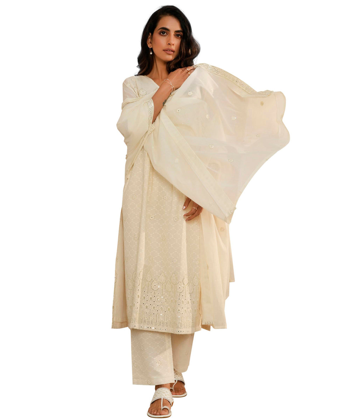 Libas Womens Embroidered Cotton A-Line Kurta With Trousers And Dupatta