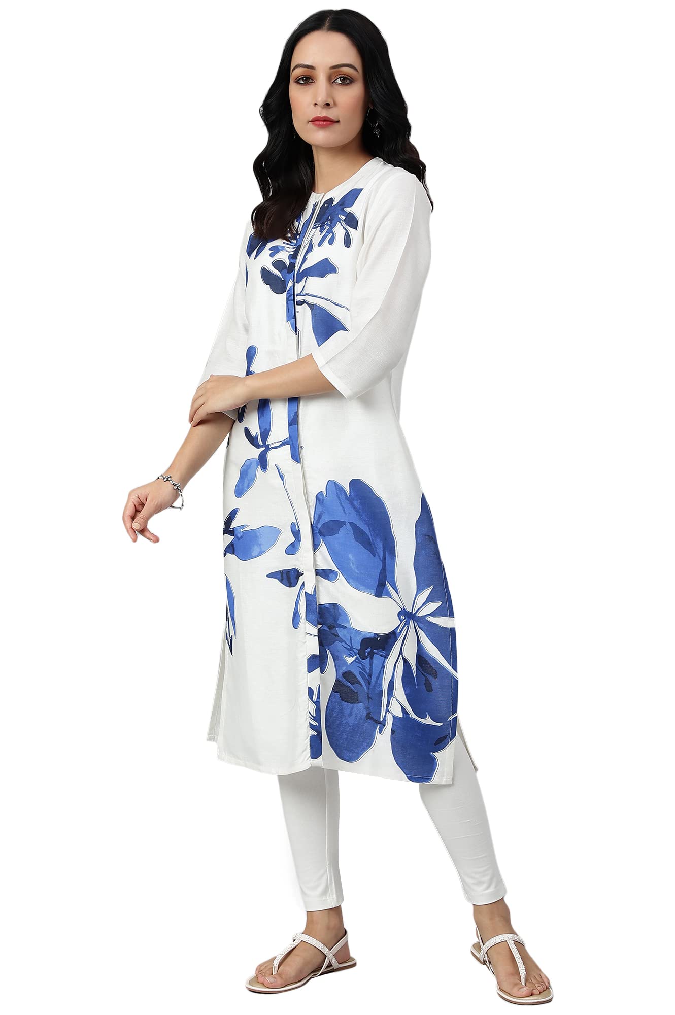 W for Woman Women's Rayon Ecru Placement Regular Kurta with Blue Floral Print