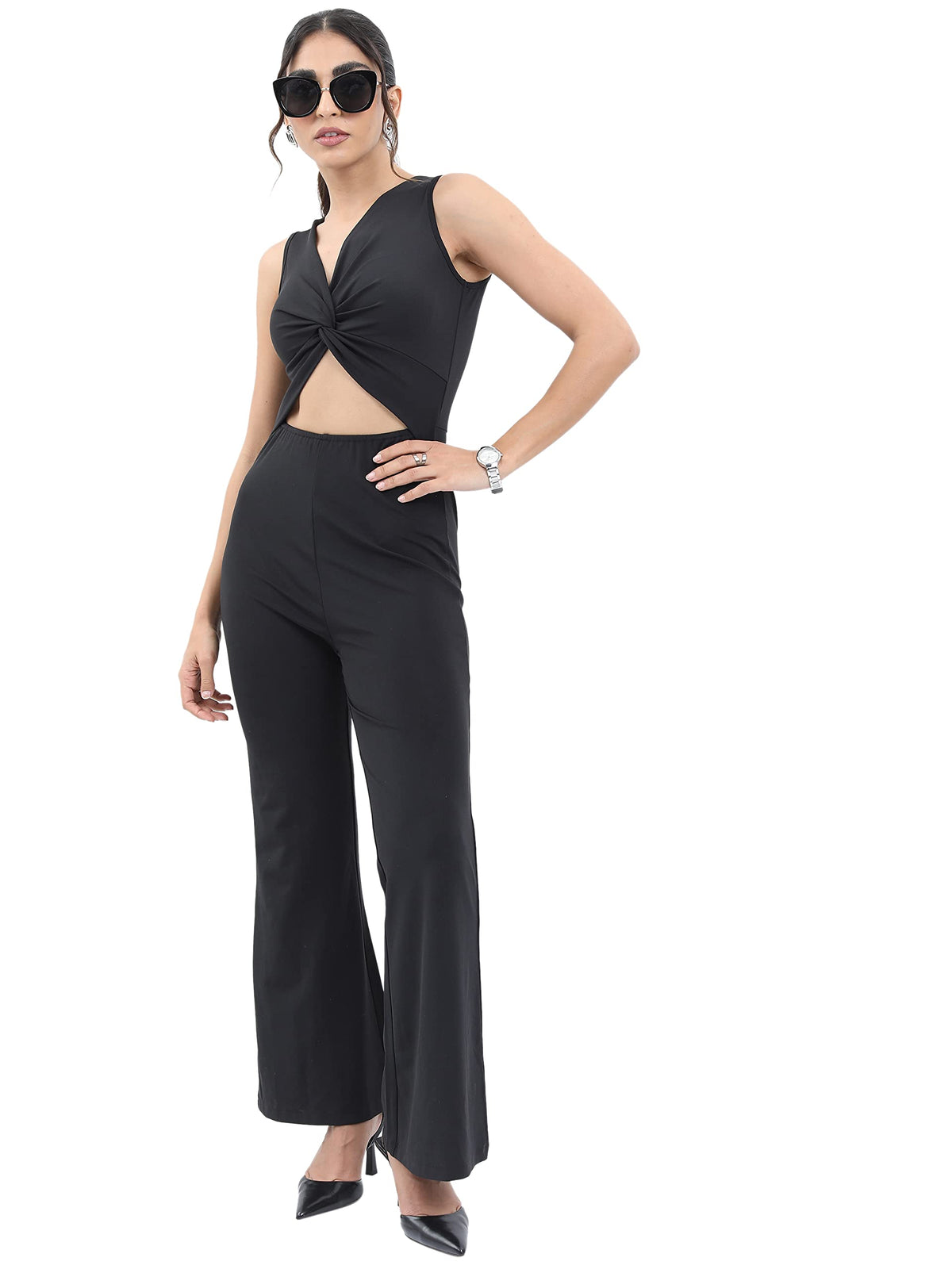 Ketch Polyester Blend Womens Sleeveless Casual Fit Jump Suit Floor Length Dress (Khjs000011_Black