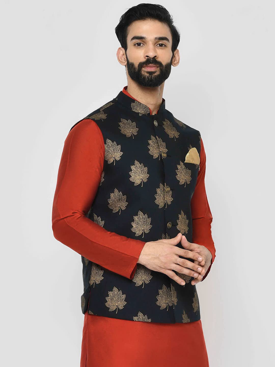 Kisah MenS Black Nehru Jacket, Cotton Blend Fabric, Ethnic Festive Printed Waistcoat Cotton, Regular Fit