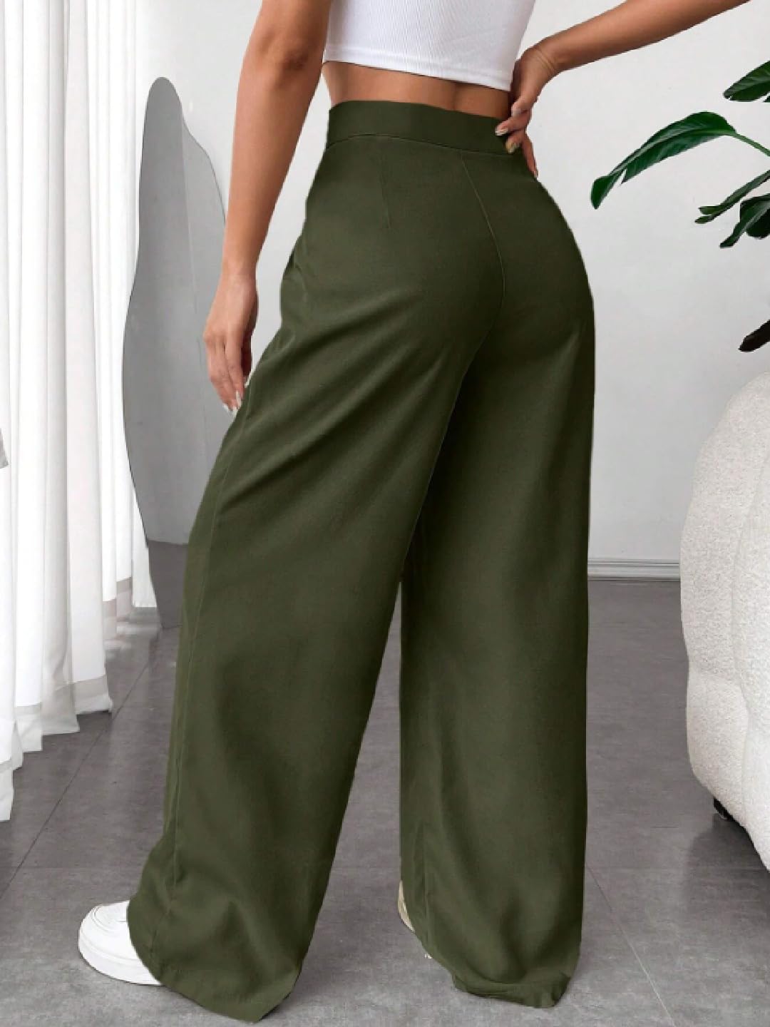OOMPH! Womens High-Waisted Pant | Wide Leg Trousers | Korean Style Stretchable Trouser Pear Green