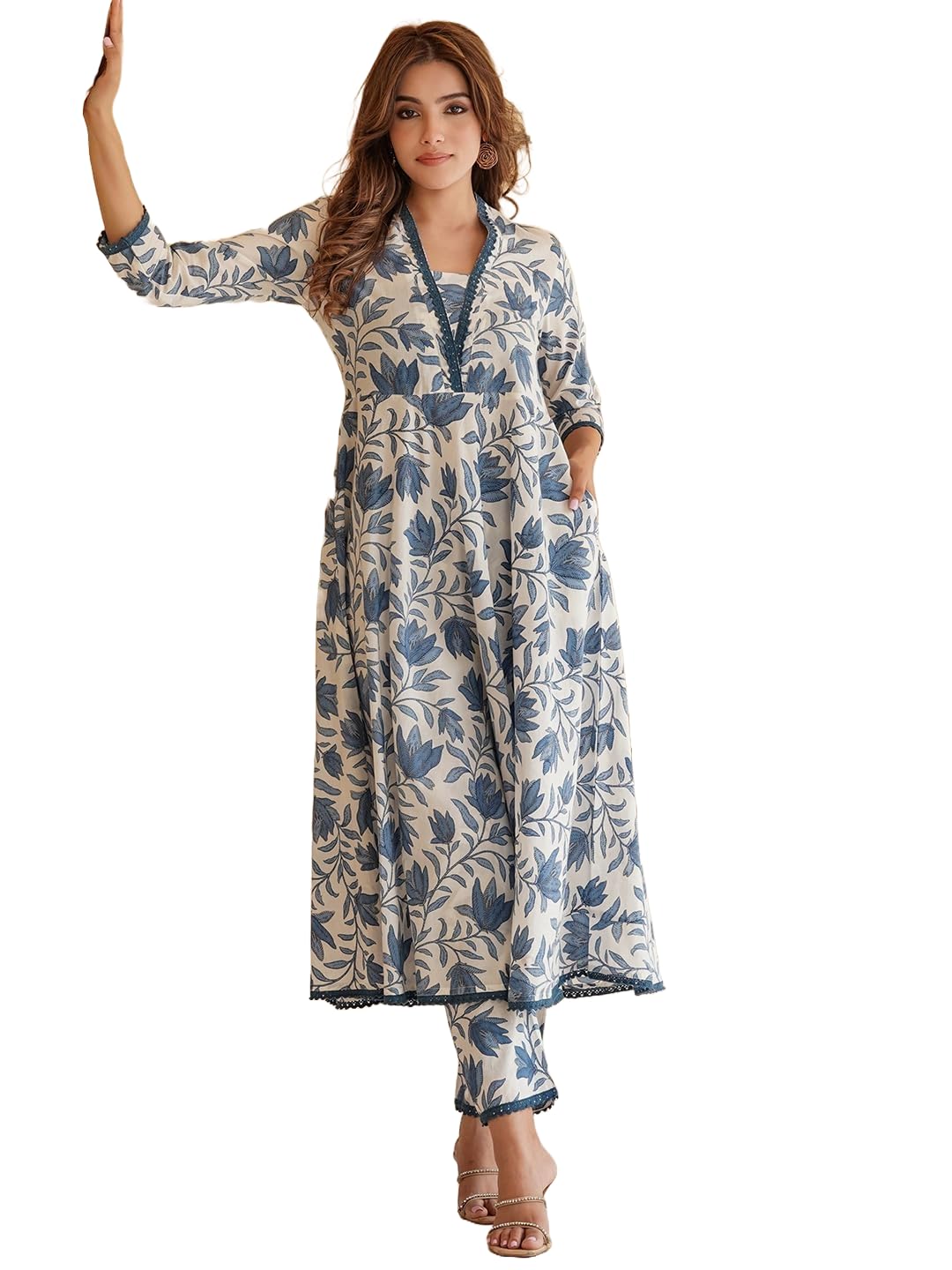 LookMark Womens Printed Cotton Blend A-line Kurta Pant Dupatta Set with Lace - Elegant Ethnic Wear for Women - Perfect for Casu