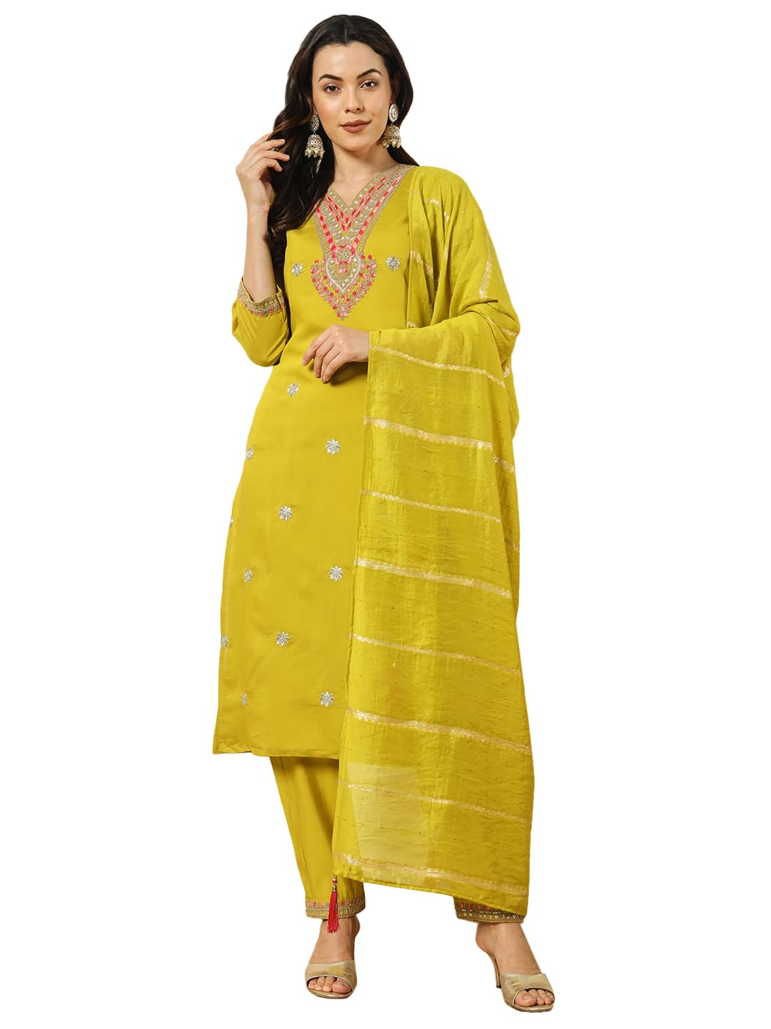Rieka WomenS Ethnic Embroidered Kurta Set With Dupatta | Straight Kurta Pant Set For Women | 3/4-Length Sleeves, V-Neckline (Le