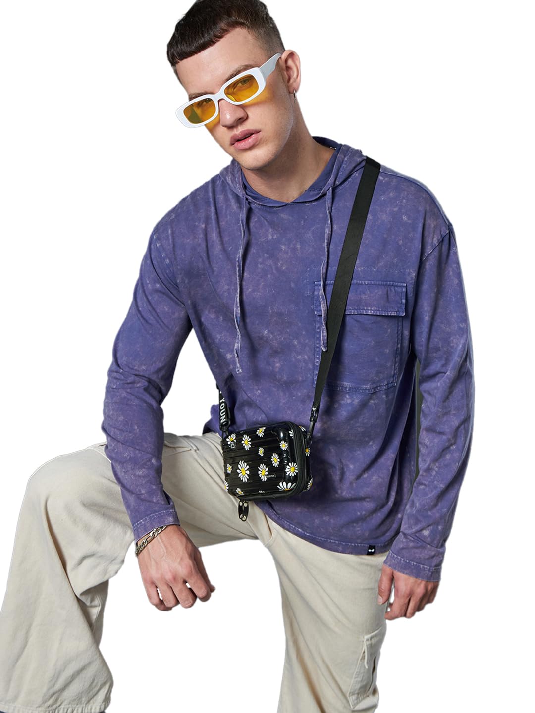 Bewakoof Mens Self Design Oversized Fit Full Sleeve Cotton Acid Wash Hoodie T-Shirt_617085_Blue_S