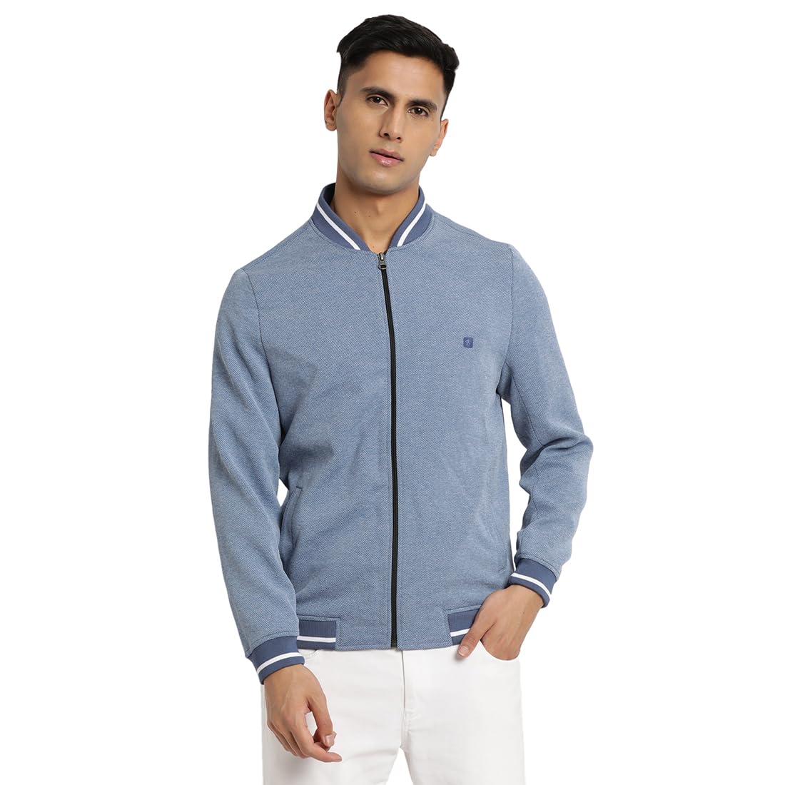 Turtle Men Knitted Dobby Print Light Blue Zipper Windcheater Jacket