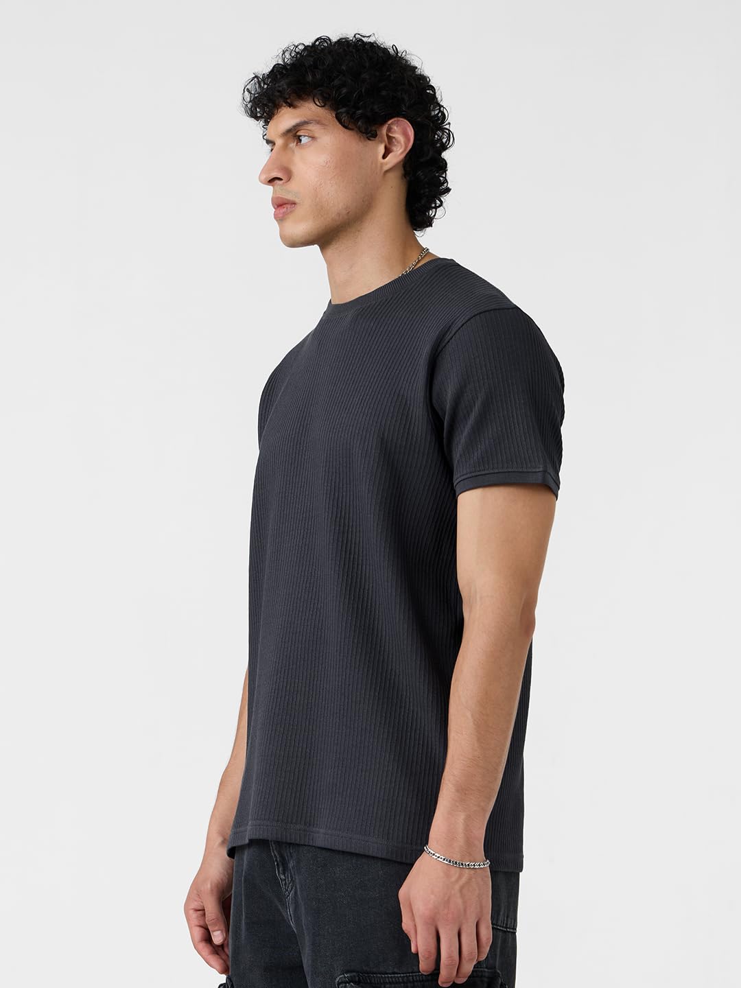 The Souled Store Korean T-Shirt: Charcoal Men and Boys Short Sleeves Round Neck Solid Textured Regular Fit Cotton Blend T-Shirts