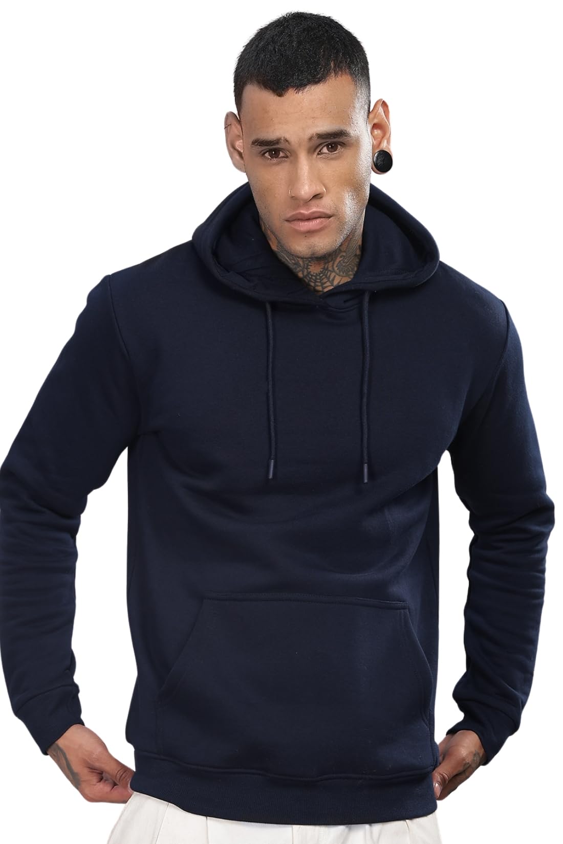 ADRO Men's Cotton Neck Hooded Sweatshirt (H-A-PLN-NB_Navy_2XL)