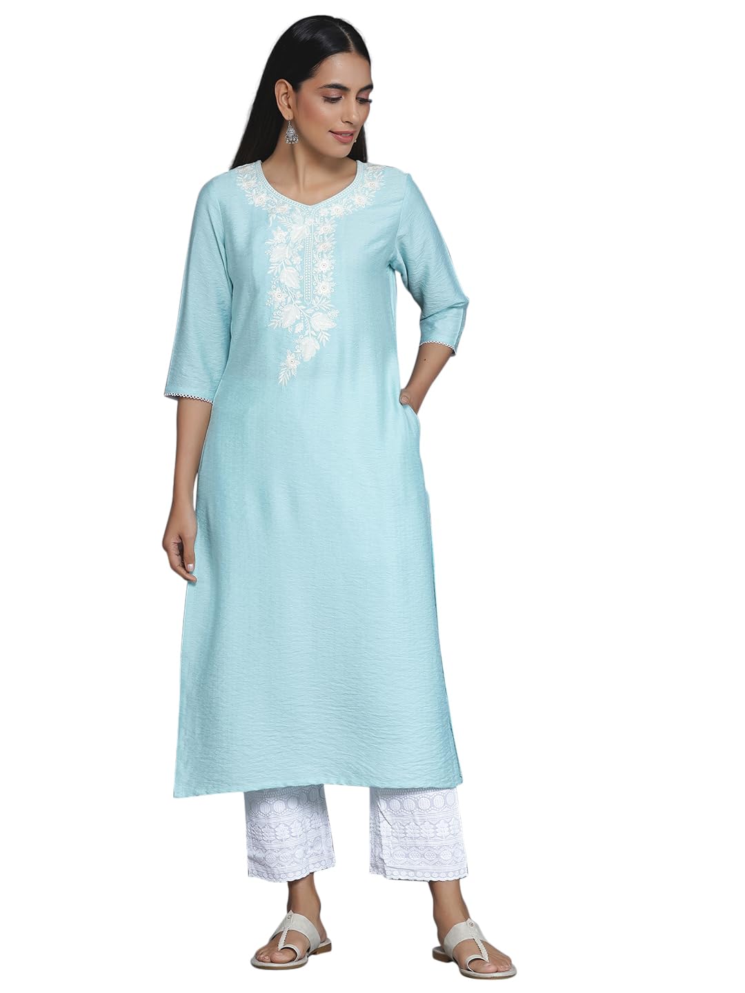 Libas WomenS Silk Floral Straight Kurta (26808 Blue
