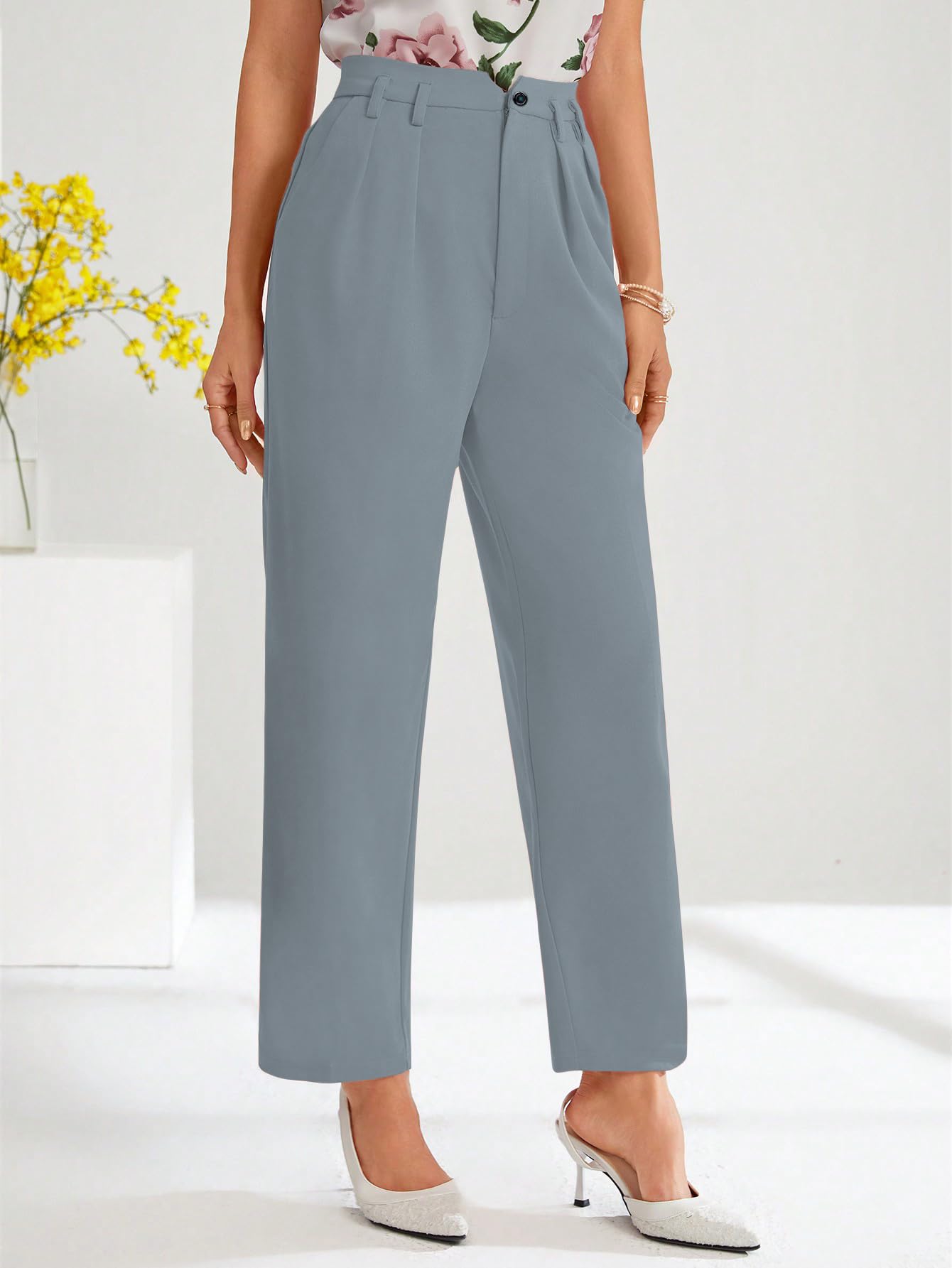 Shasmi Womens Sky Blue High Waist Pleated Straight Leg Trousers Elegant Solid Color Work Pants with Pockets, Casual Office Wear