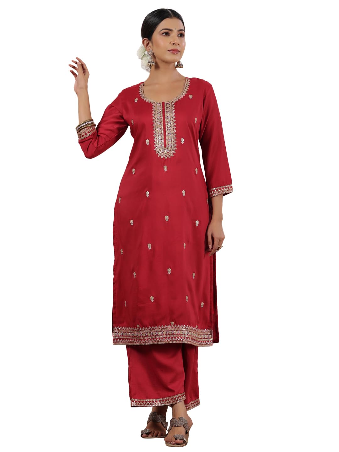 Ishin WomenS Fuchsia Zari Work Ethnic Motifs Poly Silk Straight Kurta
