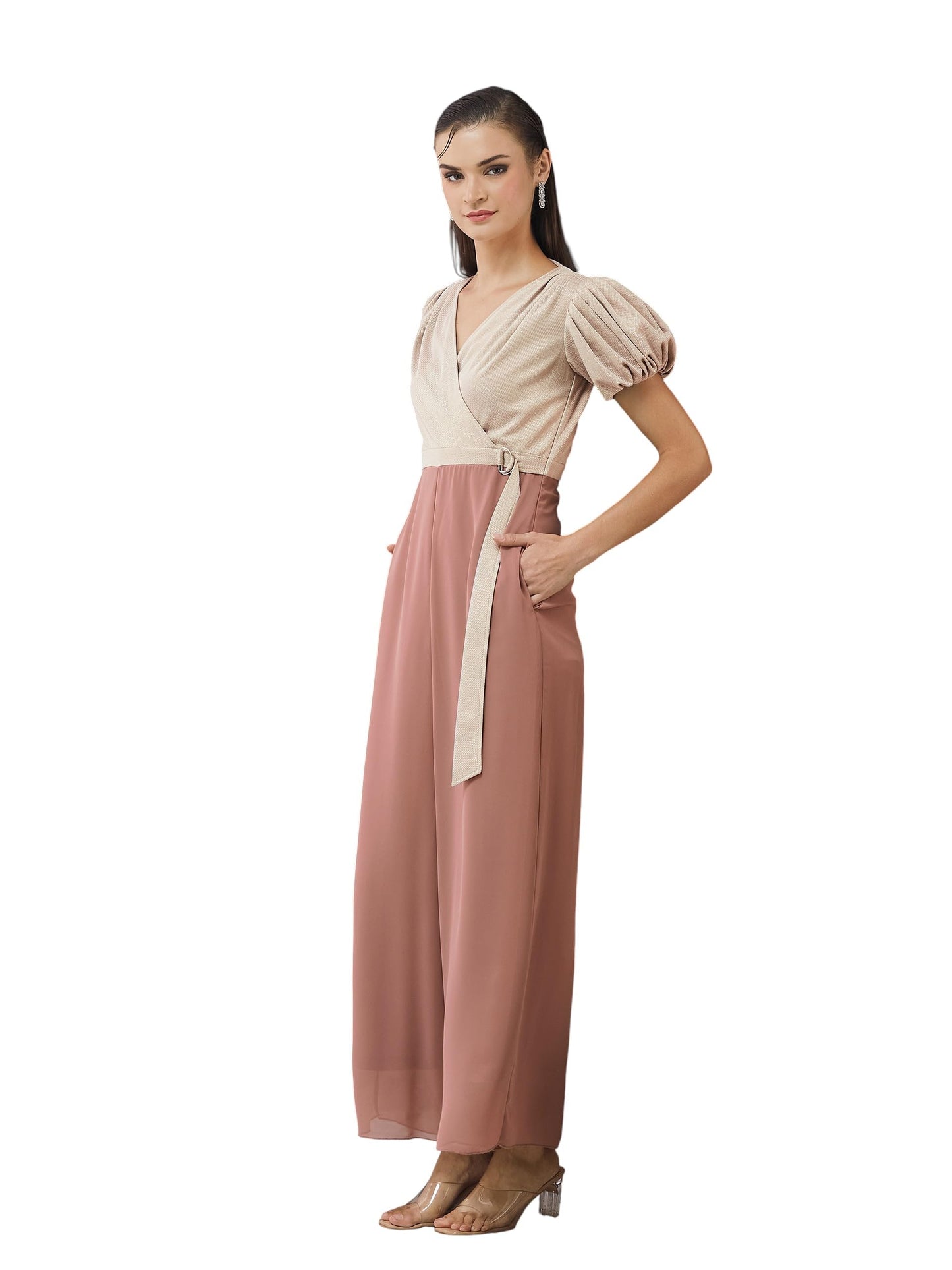 Miss Chase Womens V-Neck Half Sleeve Embellished Wrap Regular Jumpsuit (MCSS24D19-56-312-06, Dusty Peach, XL)
