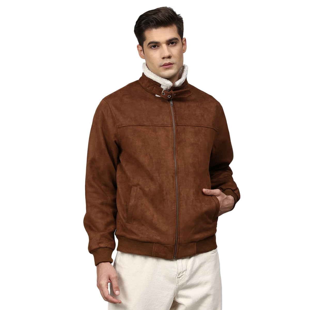 Campus Sutra Men Brown Suede Windcheater Outdoor Bomber Jacket
