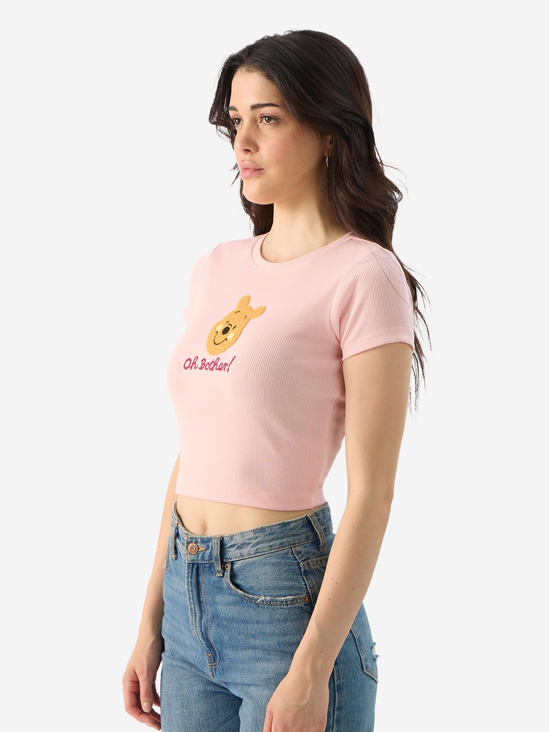 The Souled Store Official Winnie The Pooh: Blush Bear Women and Girls Short Sleeves Round Neck Slim Fit Ribbed Cropped Tops