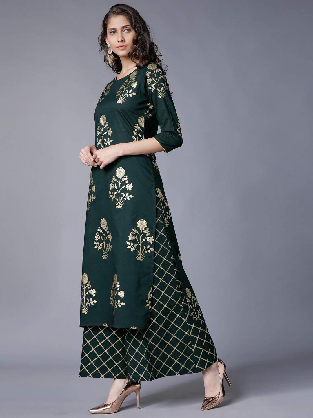 GoSriKi Women Navy Blue & Gold-Toned Printed Kurti with Palazzos (CELEMANT Blue)