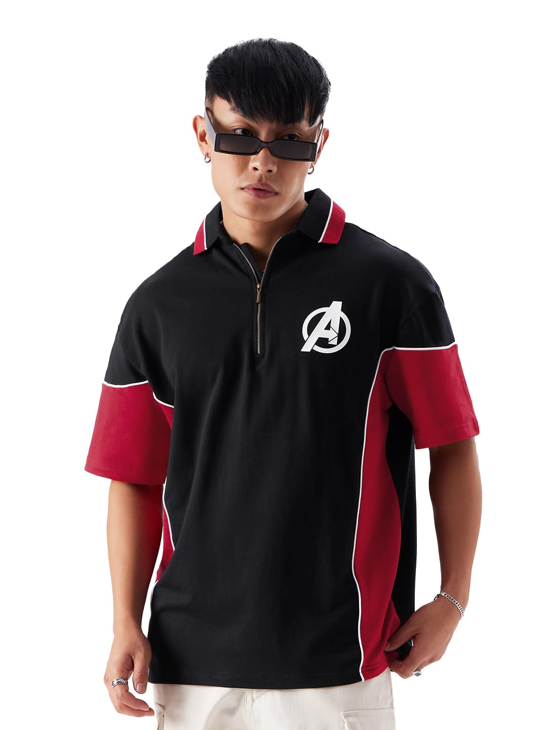 The Souled Store Official Avengers Suit Men and Boys Regular Fit Half Sleeves Graphic Printed Cotton Black Color Zipper Polo T-S