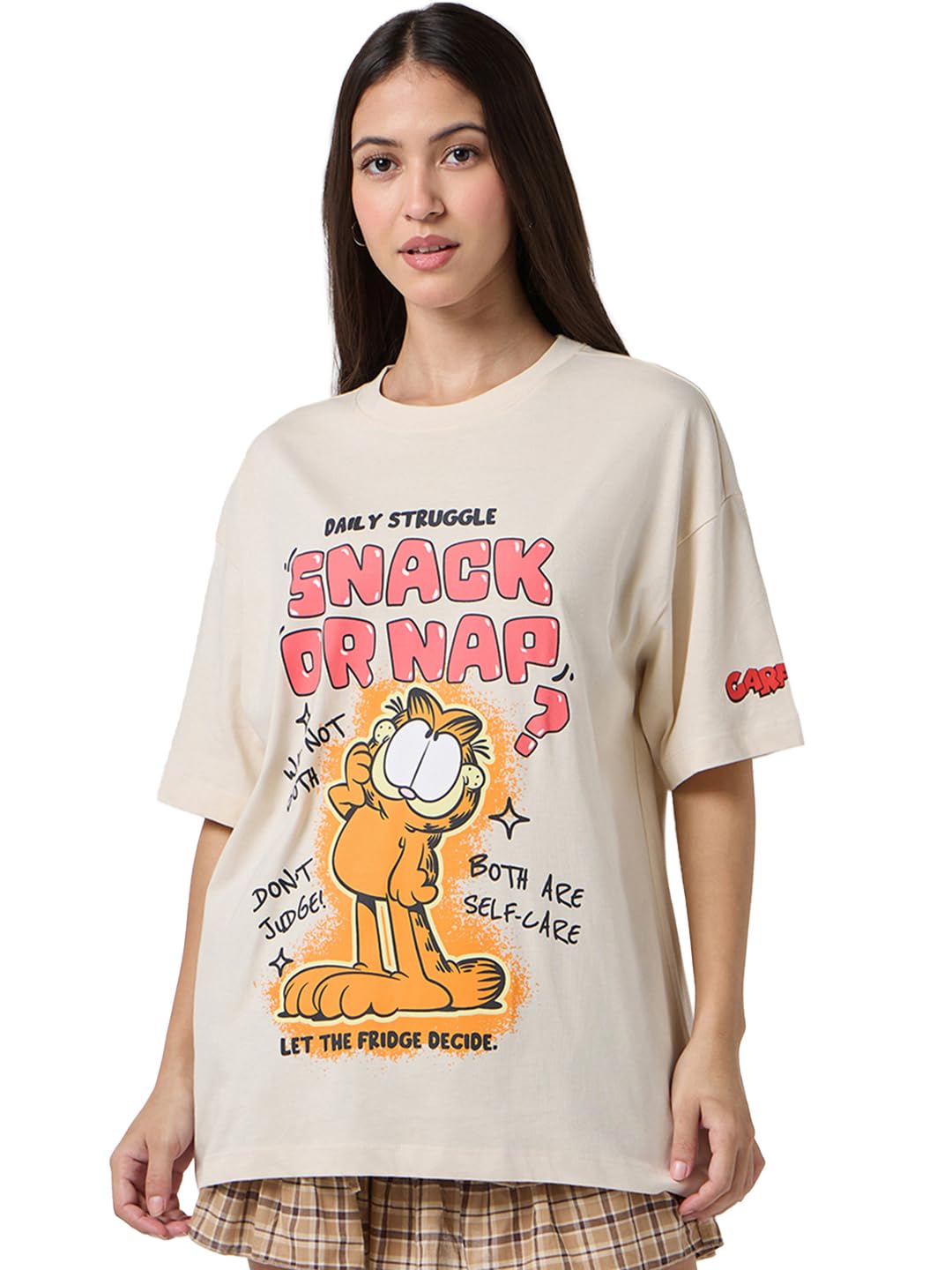 Bewakoof Official Garfield Merchandise Womens Graphic Print Oversized Fit Half Sleeve Round Neck Cotton T-Shirt_677570_Beige_2X