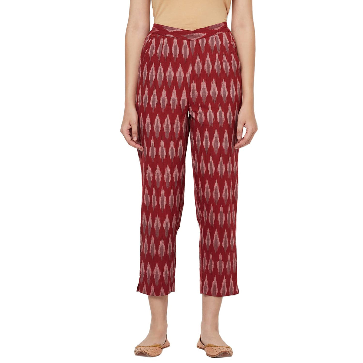 Fabindia Women Ikat Casual Pant Cotton_M Maroon