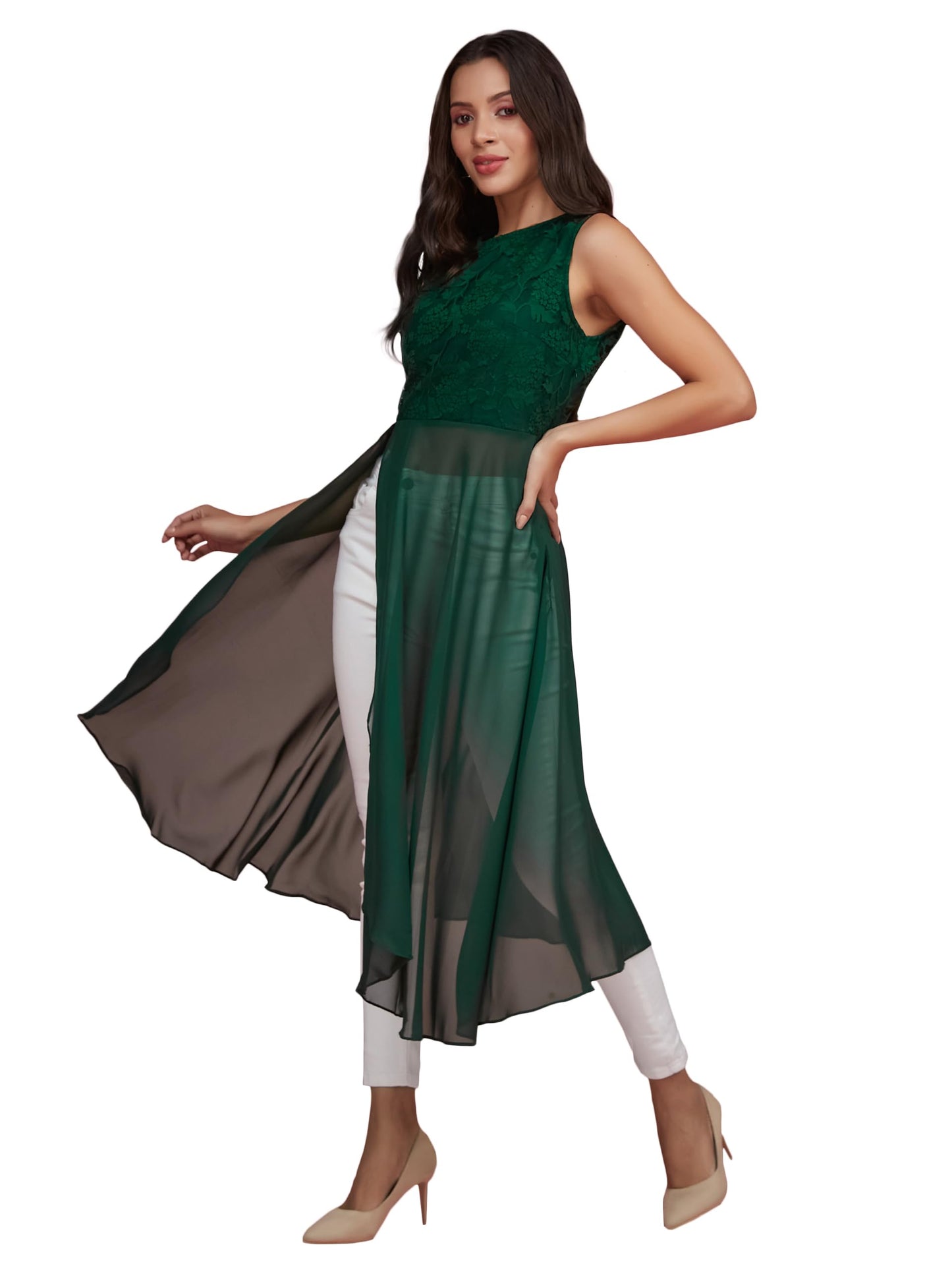 Miss Chase Womens Round Neck Sleeveless Lace Overlaid Maxi Top (MCAW24TP99-75-236-06, Forest Green, XL)