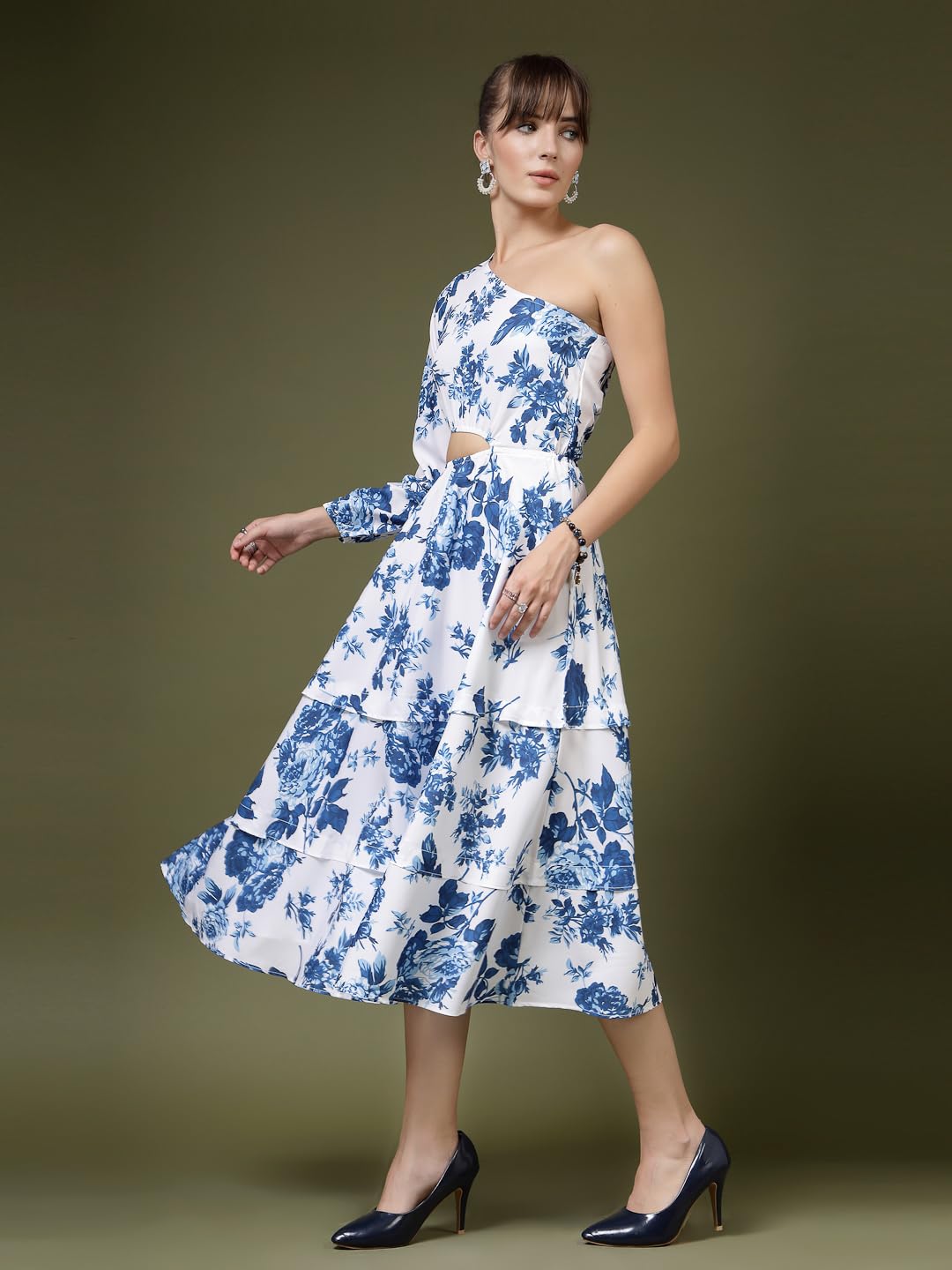 Oomph! WomenS Western & Fusion Wear Printed Crepe Dress For Women, One Shoulder, White - Md1071