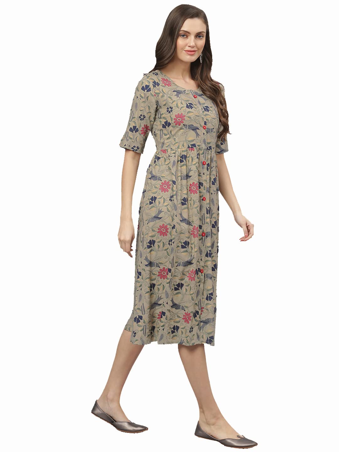 Stylum Women's Floral Printed Rayon Flared Kurta (Beige)